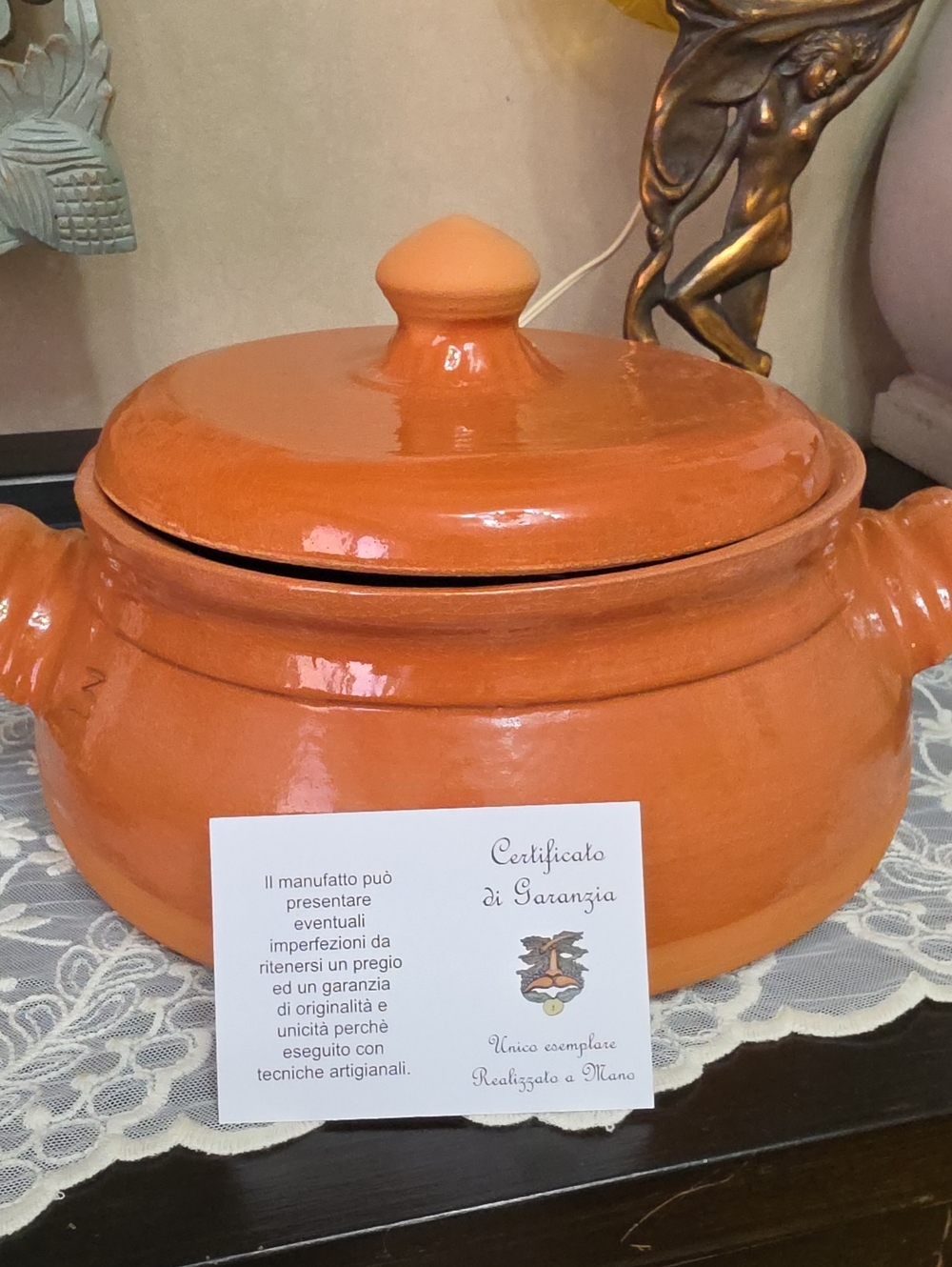 Handcrafted Ceramic Casserole with Lid - Orange Made In Italy Bread Oven